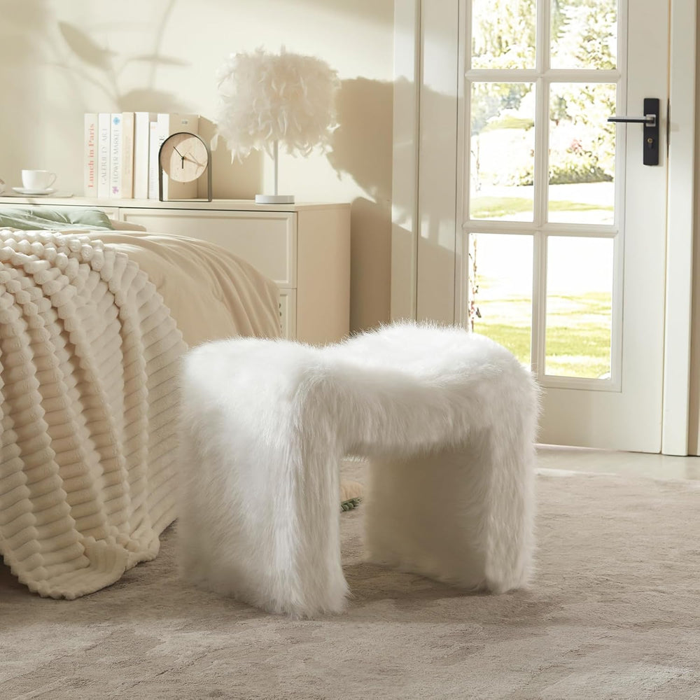 Vanity Stool Chair Small Footstool Ottoman Faux Fur Seating Backless Modern F...