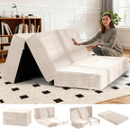 6-Inch Tri-Fold Foldable Mattress, Folding Sofa Bed with Removable Washable Cover, Portable Futon Mattress Full Size Floor Guest Mat with Non-Slip Bottom & Carry Handles for Camping (Beige, Queen)