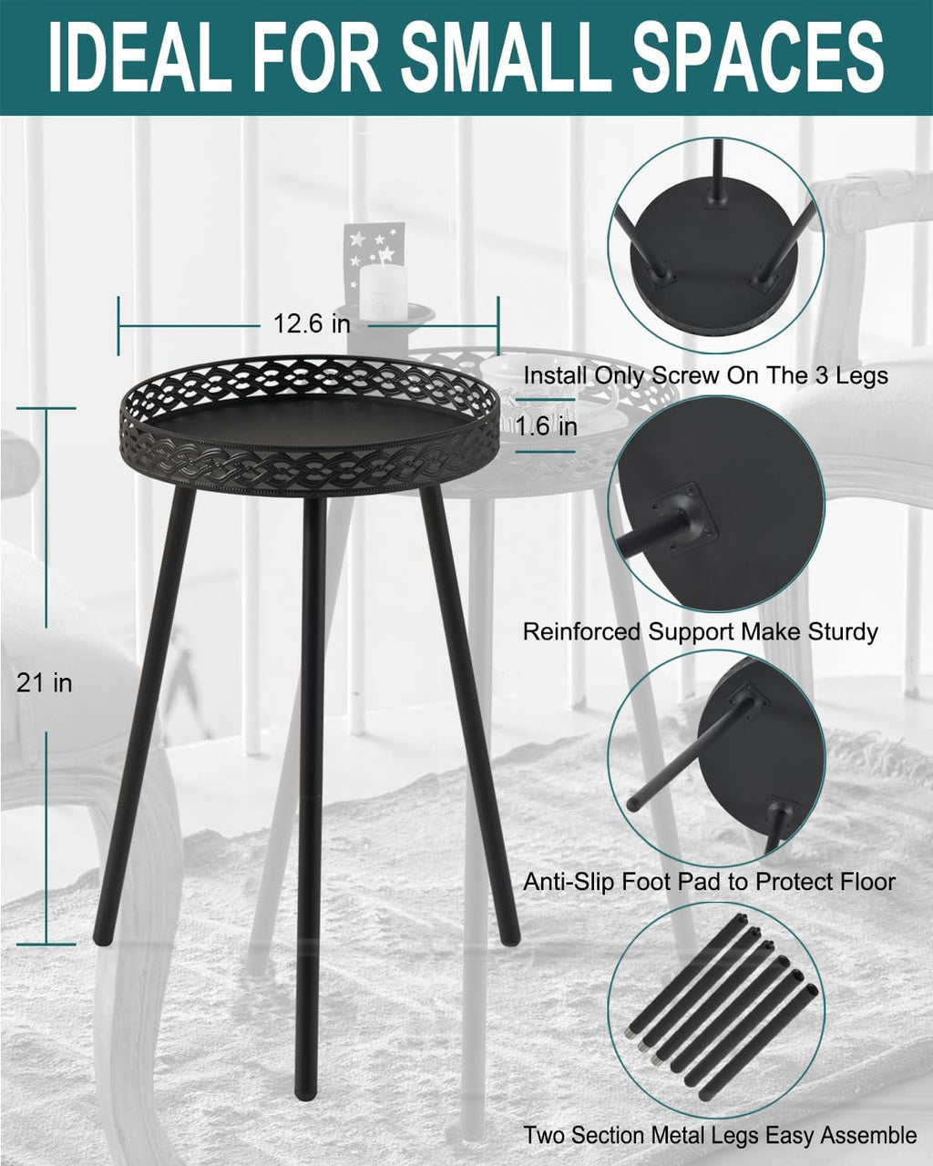 Side Table for Living Room: Small Round End Table for Housewife - Black