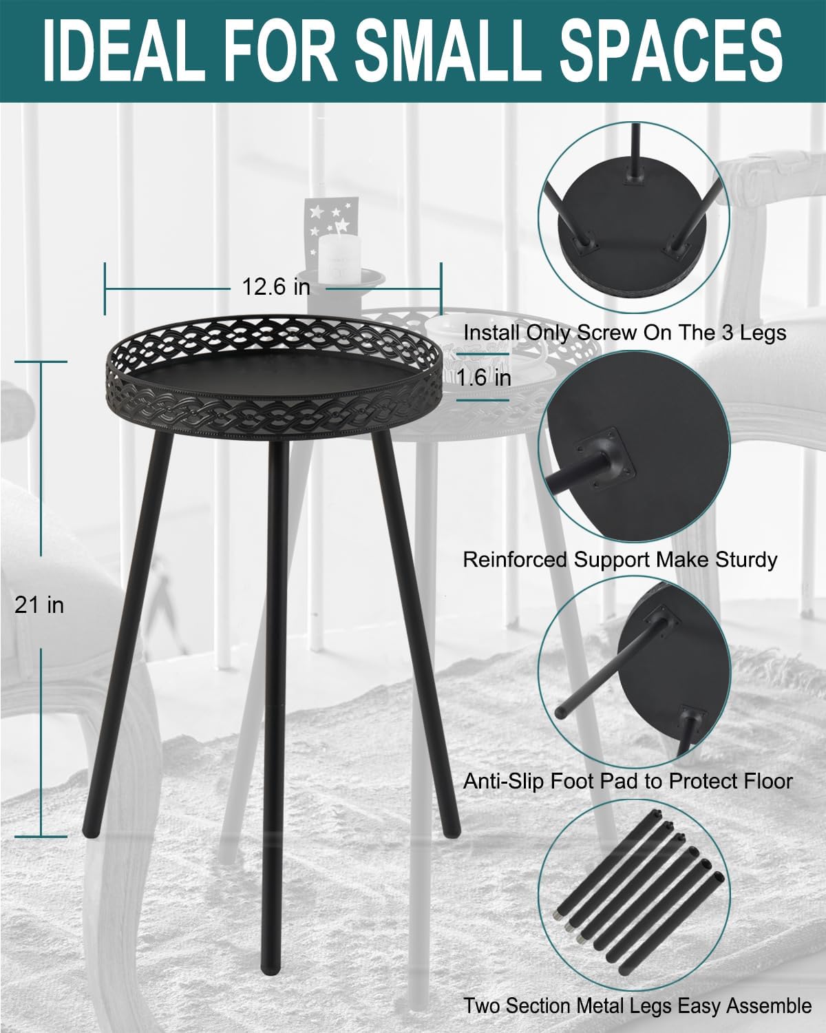Side Table for Living Room: Small Round End Table for Housewife - Black