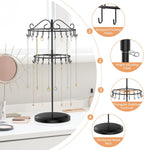 iDavosic.ly 2 Tier Rotating Necklace Holder Organizer with 42 Hooks, Adjustable Metal Bracelet Display Stand Rack, Extra Tall Keychain Spinning Tree Tower for Women, Black