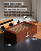 Wood Fountain Pen Case, 24 Slot Storage Organizer with Drawer, Glass Top Display Box for Collection