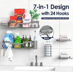 Shower Caddy Adhesive Shower Organizer 7-Pack, Rustproof Stainless Steel Bathroom Shelves, Large Capacity No-Drill Rack Storage Accessories with Soap Dish Toothbrush Holder Hooks (Gray)