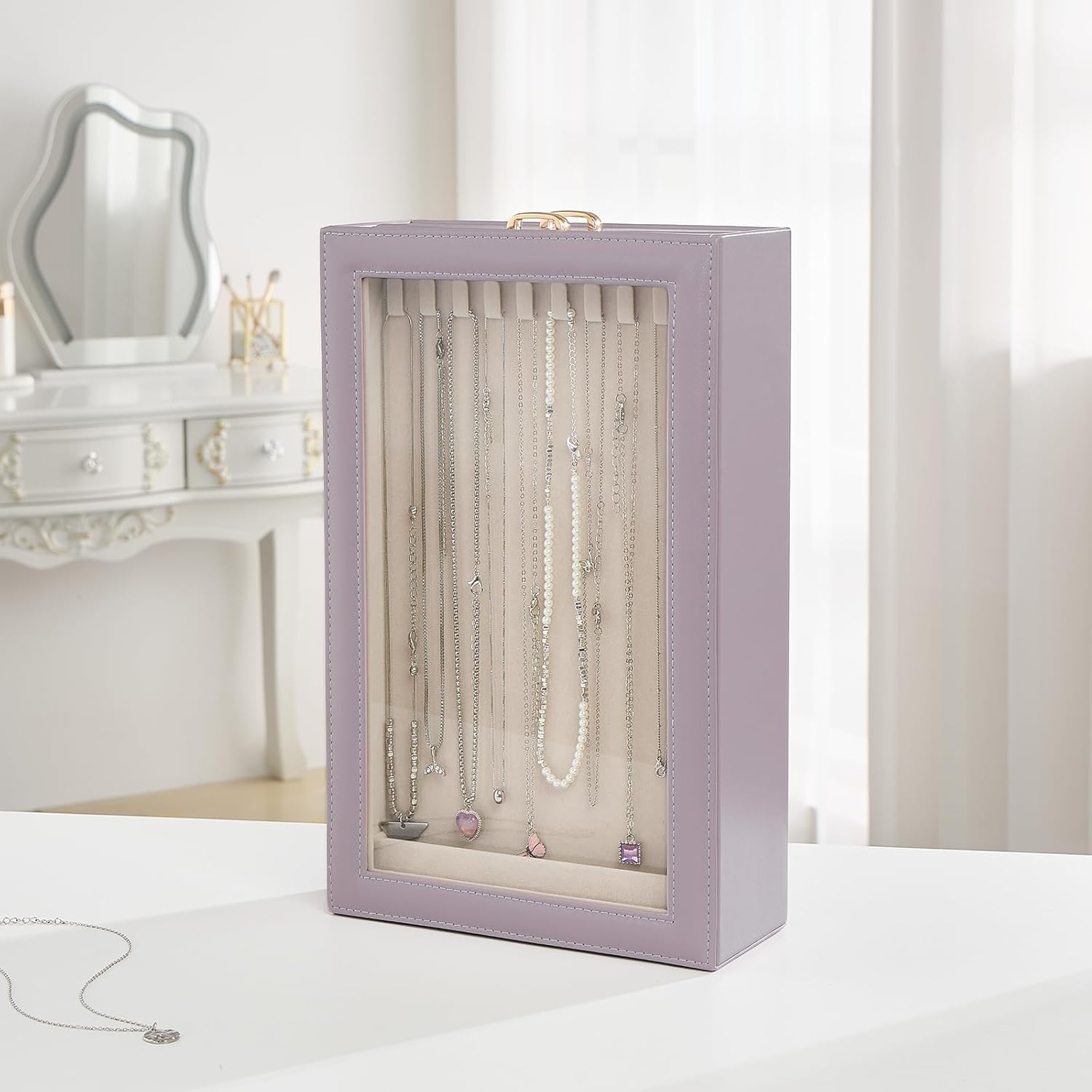Lolalet Necklace Organizer Box, 2-Layer Jewelry Storage Boxes with Clear Lid for Necklaces, Tangle-Free Necklace Display Case for Women Girls -Dusty Purple