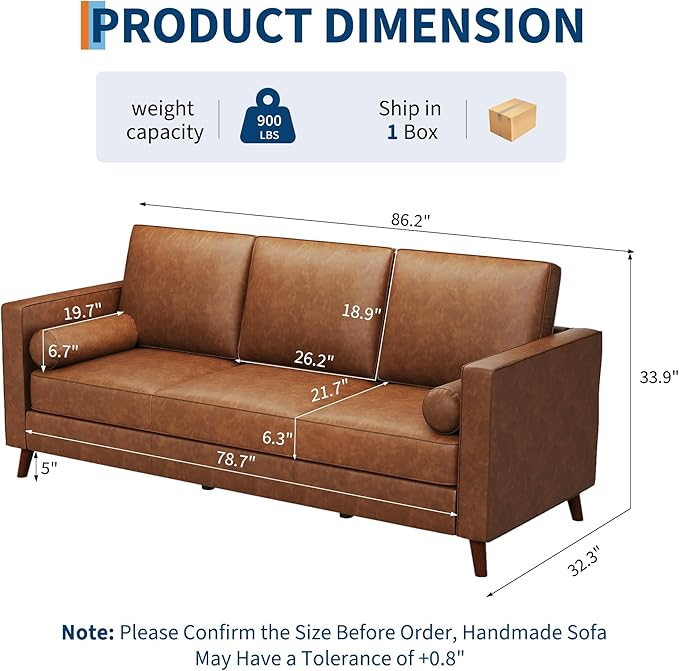 GAOMON 81" Leather Couch for Living Room, Mid Century Modern 3-Seater Sofa with Deep Seat, Faux Leather Sofa for Apartment, Home Office, Brown