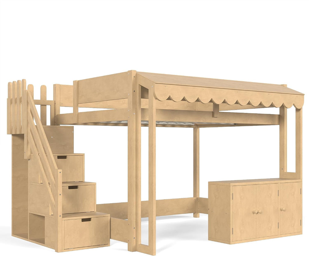Full Over Full Loft Bed with Storage Stairs and Pretend Store Counter (Full)