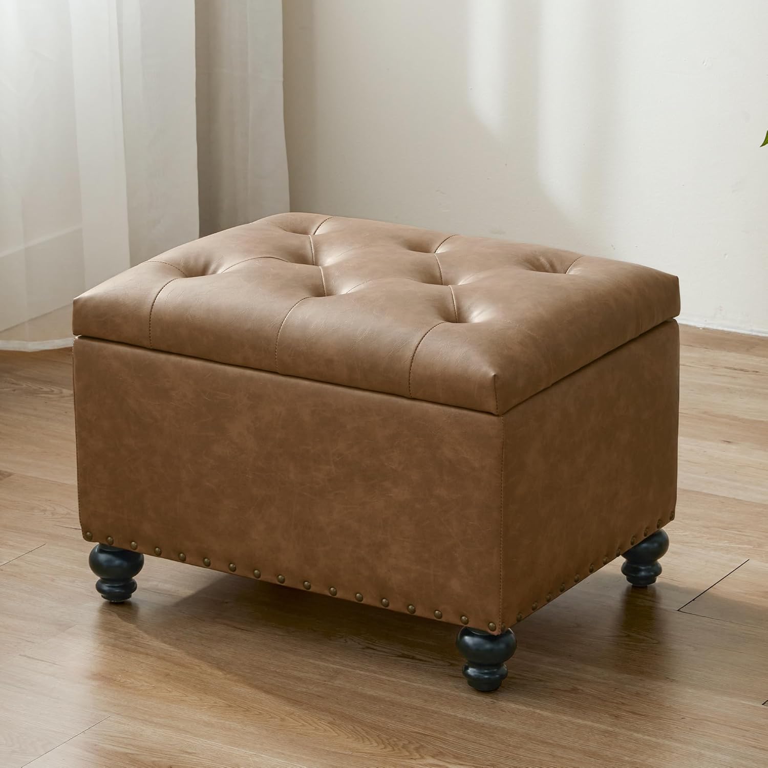 Zihanhome Leather Ottoman with Storage, Upholstered Button Tufted Ottoman Foot Rest, Foot Stools, 24" Rectangle Ottomans with Storage for Living Room, Bedroom, Dorms and Apartments (Caramel Brown-PU)