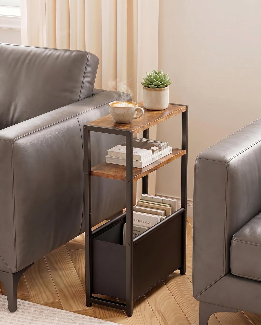 Leomonio Narrow Side Table, Slim End Tables with Fabric Basket, Skinny Table for Small Spaces, Thin Bedside Table for Living Room, Bedroom