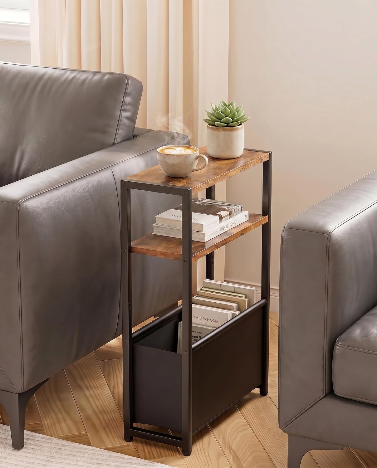 Leomonio Narrow Side Table, Slim End Tables with Fabric Basket, Skinny Table for Small Spaces, Thin Bedside Table for Living Room, Bedroom
