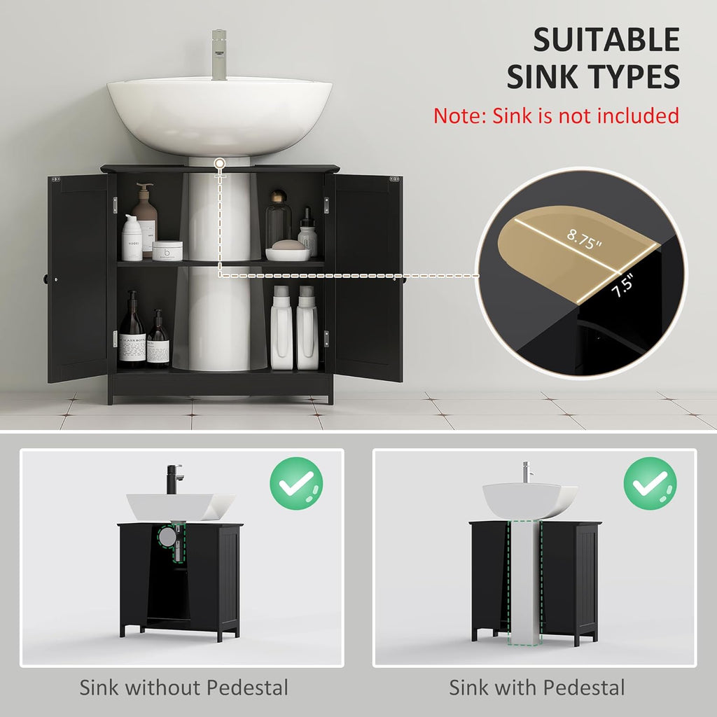 HOMCOM Under Sink Bathroom Cabinet with 2 Doors and Shelf, Pedestal Sink Bathroom Vanity Cabinet, Black