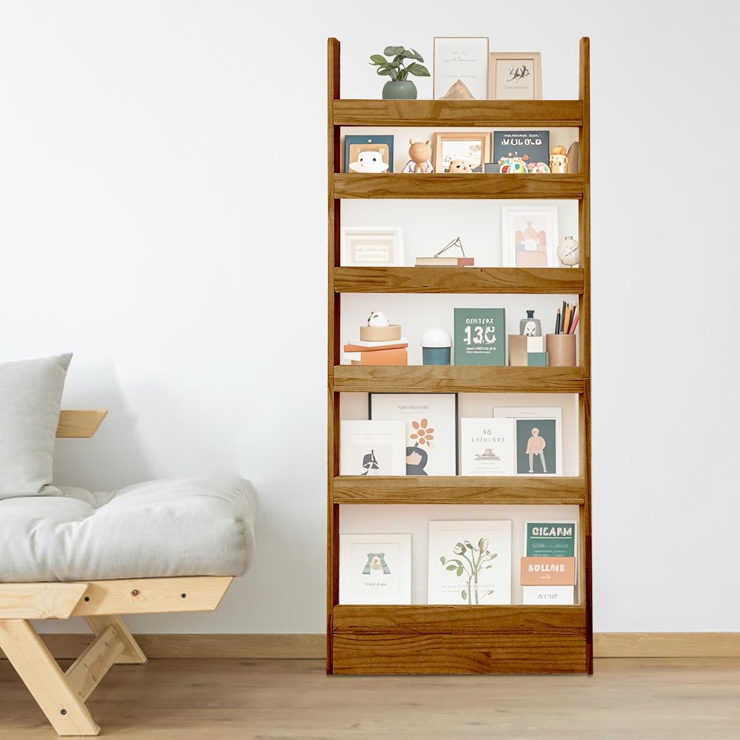 Behind Door Bookshelf Organizer - Natural Wood Wall Shelf 6-Tier Space-Saving Storage for Kids & Adults (Dark Walnut) (31.5" Wide)
