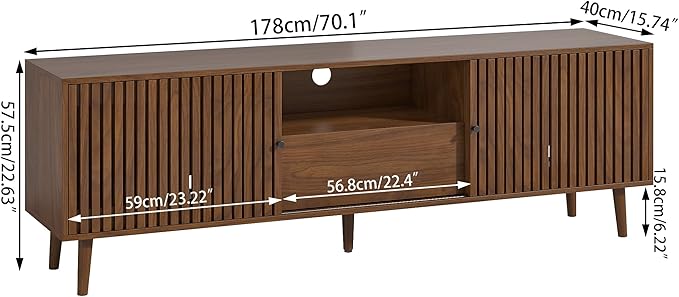 Mid Century Modern TV Stand for Televisions up to 70 Inches, with Sliding Doors and Storage, Television Stands, TV Consoles, Media Consoles for Living Room(Walnut-70inch)