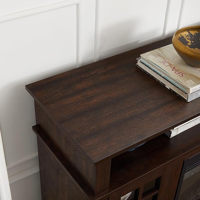 Rustic TV Stand with Electric Fireplace: Tall Wood Entertainment Center Console for 60 Inch TV - Espresso