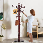 Solid Wooden Coat Rack Stand, Coat Racks Freestanding with 14 Hooks, Natural Birch Wood Coat stands with Sturdy Round Base, tree Coat Hanger Standing for Entryway Bedroom Office (Redwood disc)