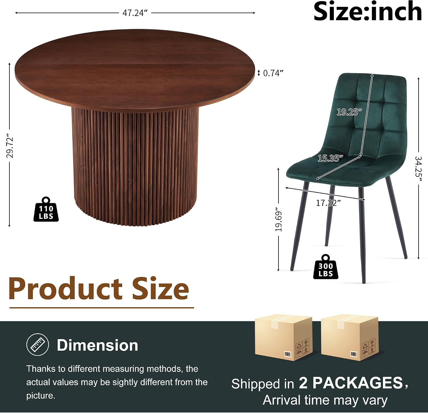 Homedot 5 Pieces Dining Table Set for 4, Rustic Round Dining Table Fluted with Velvet Dining Chairs Upholstered, Walnut Kitchen Table & Green Chairs Set for Living Room, Dining Hall