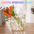 NiHome Glass Purse Vase Iridescent Glass Bag Vase with Handle Handbag Shape | Iridescent Glass Vase for Flowers Farmhouse Decor, Handmade Wide Mouth Glass Vase for Home Living Room Dining Table Décor