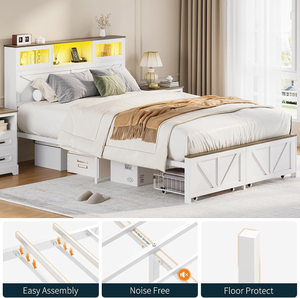 Yoobure Full Size Bed Frame with Headboard, Farmhouse Full Bed Frame, White