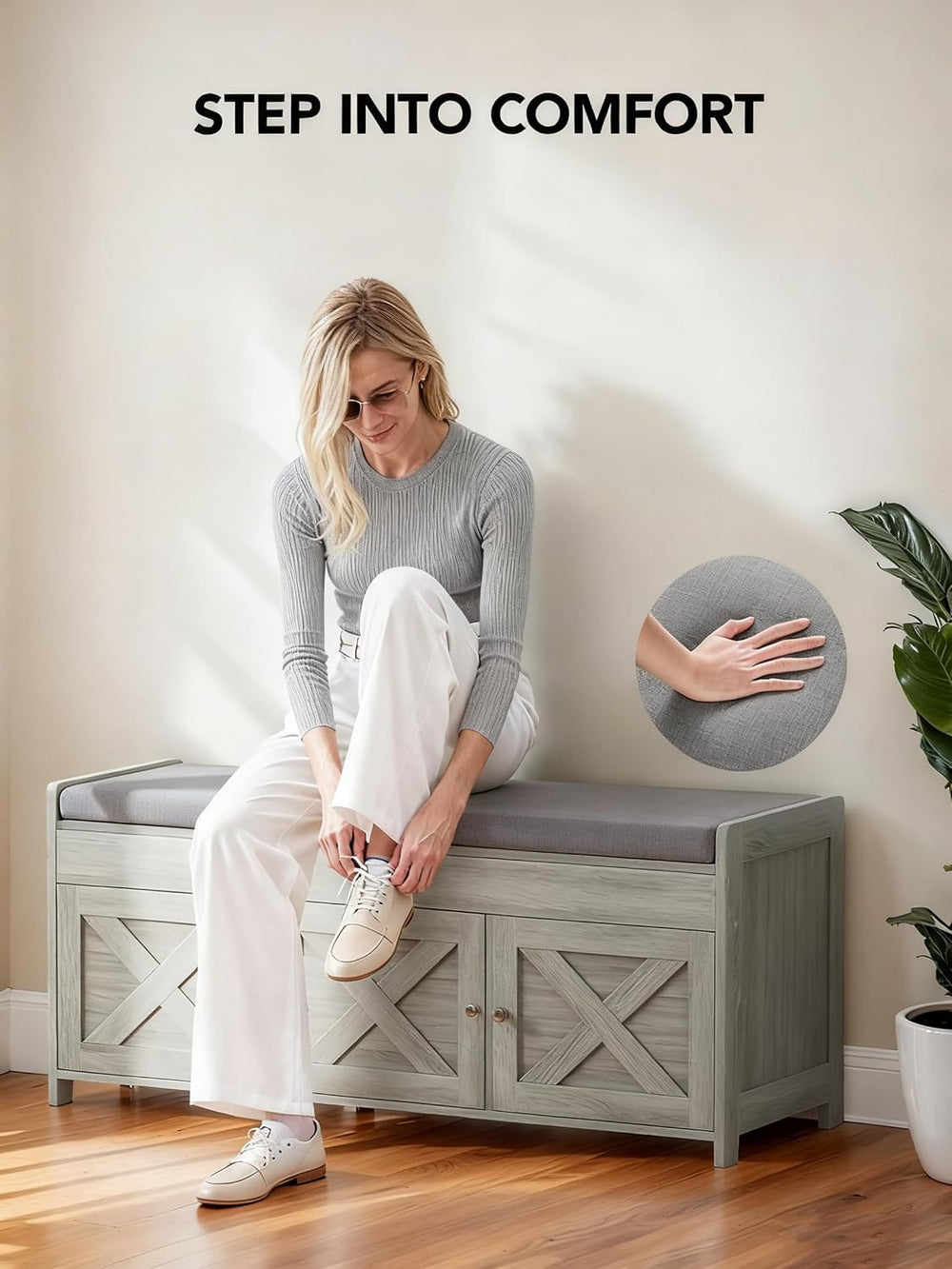 Amada Farmhouse Shoe Storage Bench with Cushion, 3 Doors & Lift-Top Stora...