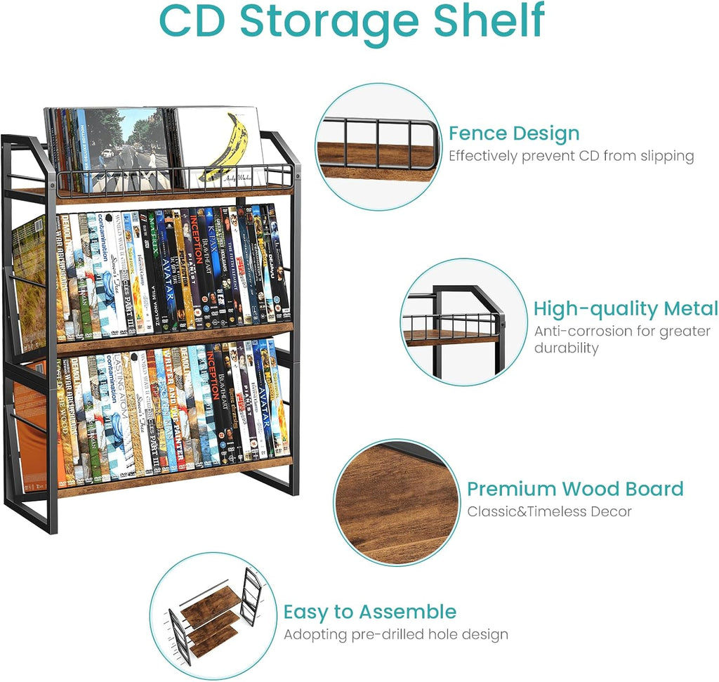ELITEROO 3-Tier CD Storage Rack, Wood DVD Holder with 2-in-1 Assembly Design, Tilting CD Organizer Tower Holds Up to 112 CDs or 78 DVDs, Table Top DVD Display Stand for Music Enthusiasts, Rustic Brown