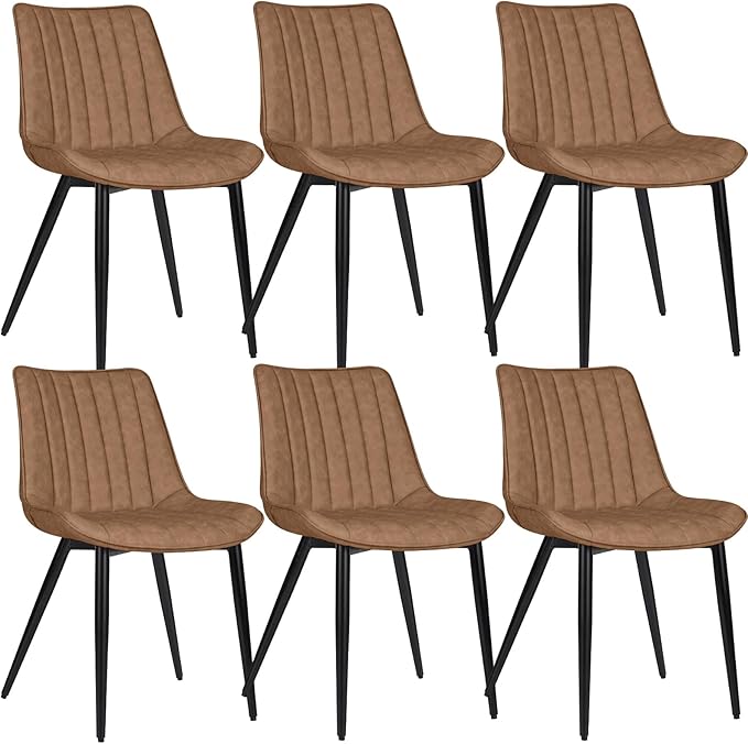 6 PCS Faux Leather Dining Chairs, Mid Century Modern Leisure Upholstered Chair with Metal Legs for Kitchen Living Room Brown