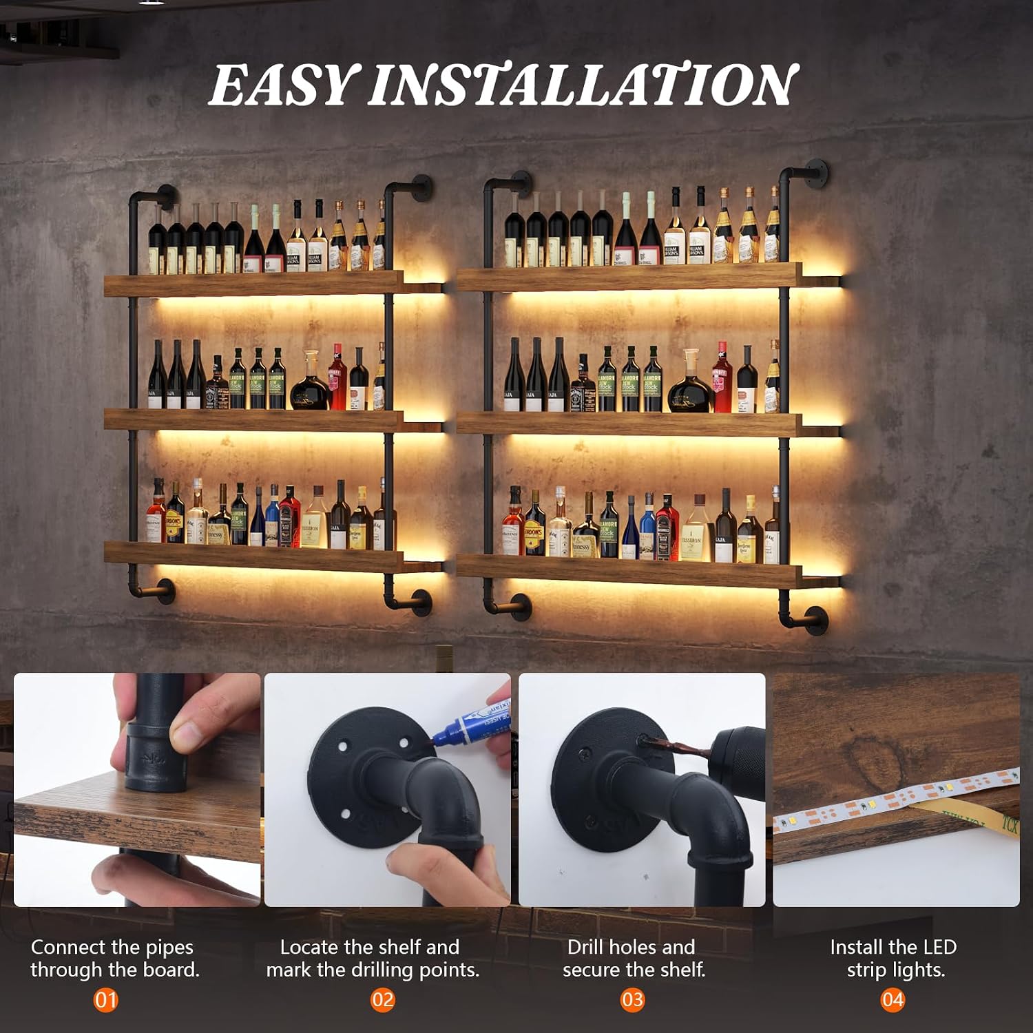 Large Wine Rack Wall Mounted with LED Light, Solid Wood Bar Shelves Wall Mounted, 3-Tiers Liquor Bottles Floating Shelves Display Storage Organizer for Home Bar, Dining Room (39.7 inch)