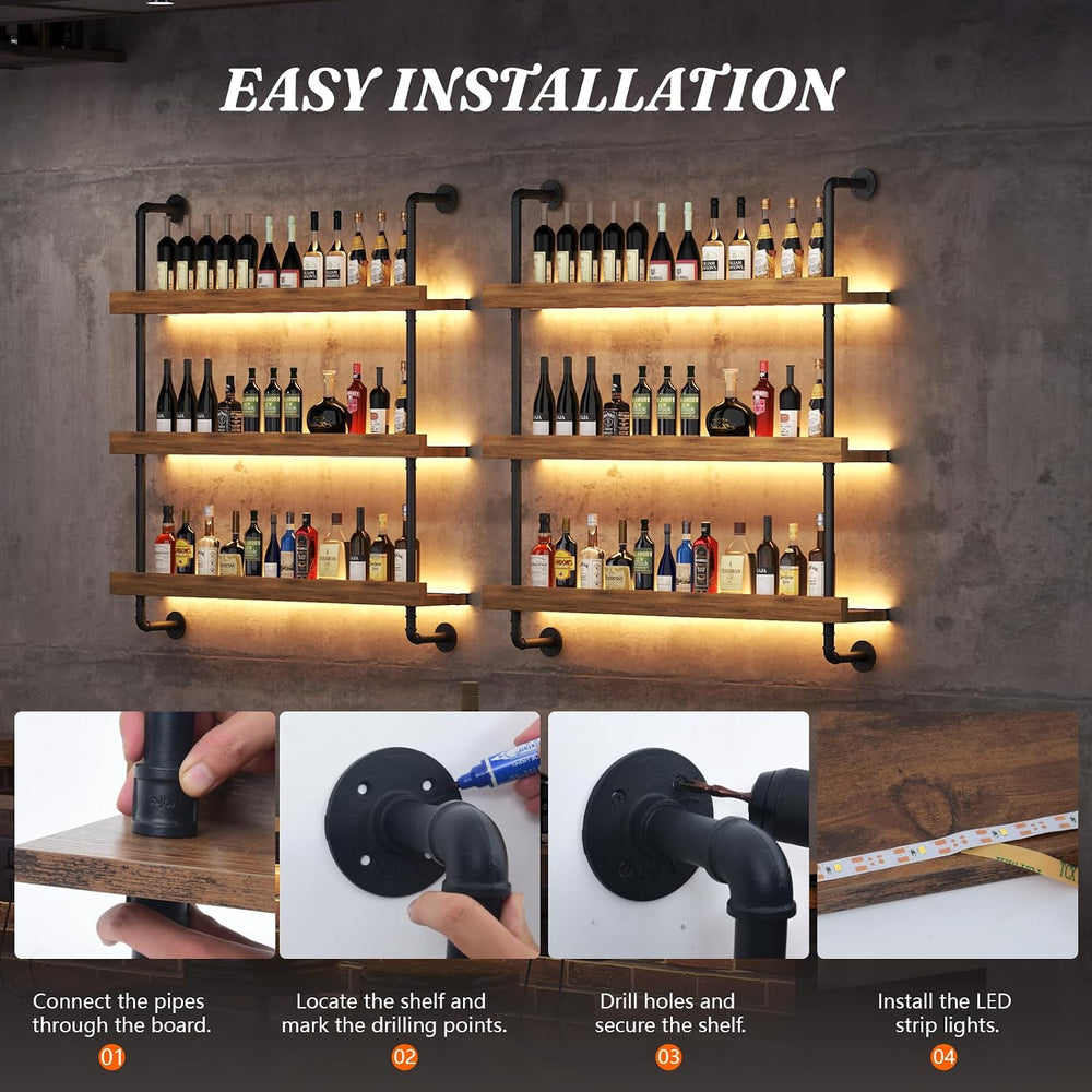 Large Wine Rack Wall Mounted with LED Light, Solid Wood Bar Shelves Wall Moun...
