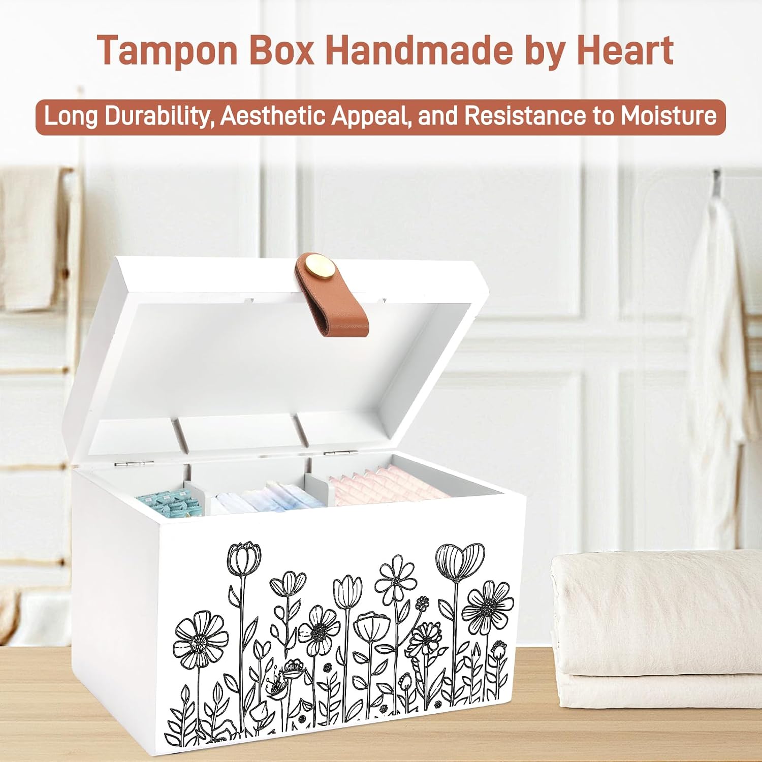100% Solid Wood Tampon Holder Box with Lid, Copper Leather Pull, Absolute Real Wood Bathroom Decorative Box for Feminine Product Storage and Accessories such as Tampons, Cotton Balls, Gifts for Women