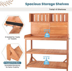 Merax 65" Large Wooden Farmhouse Rustic Outdoor Potting Bench Table with 4 Storage Shelves and Side Hook, Patio Workstation, for Garden, Backyard, Natural
