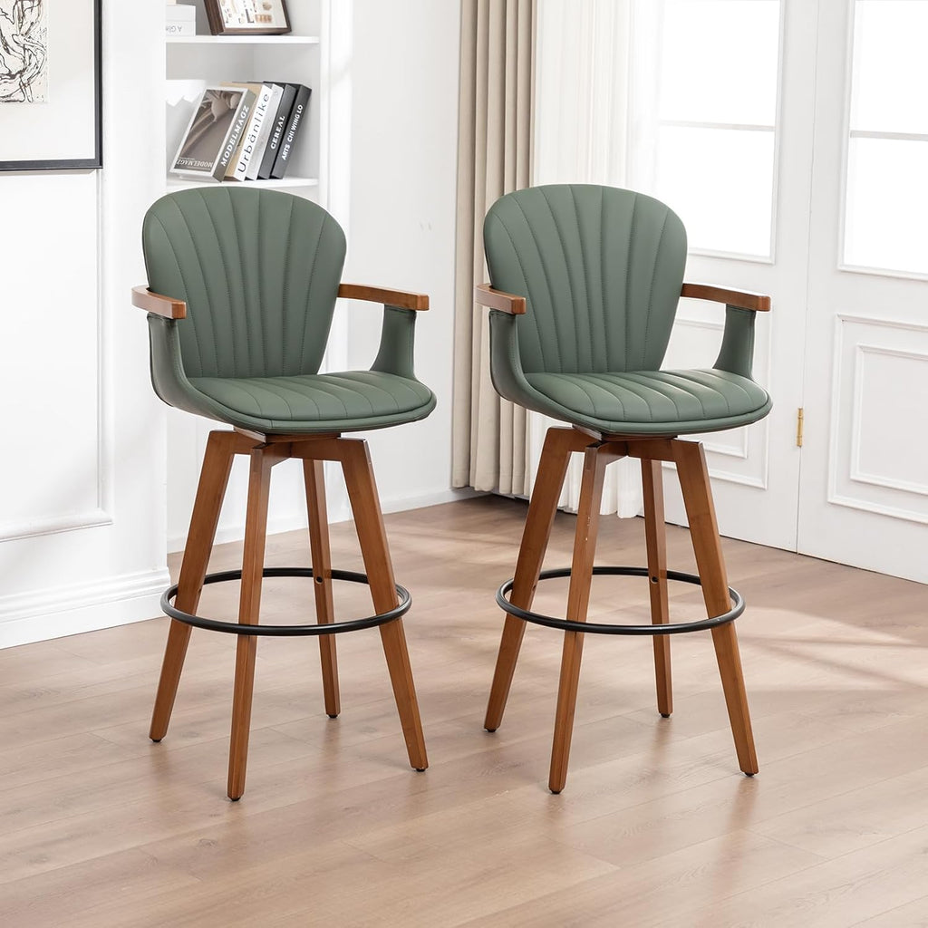 LUNLING 26” Counter Height Stools Set of 2,Mid Century Modern Bar Stools,Green PU Leather Kitchen Island Stool,Wood High Barstools Swivel with Back and Arms for Home Bar Furniture