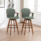 LUNLING 26” Counter Height Stools Set of 2,Mid Century Modern Bar Stools,Green PU Leather Kitchen Island Stool,Wood High Barstools Swivel with Back and Arms for Home Bar Furniture