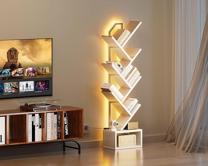 Casaottima White Tree Bookshelf with LED Light Strip — 6-Tier Small Floor Sta...