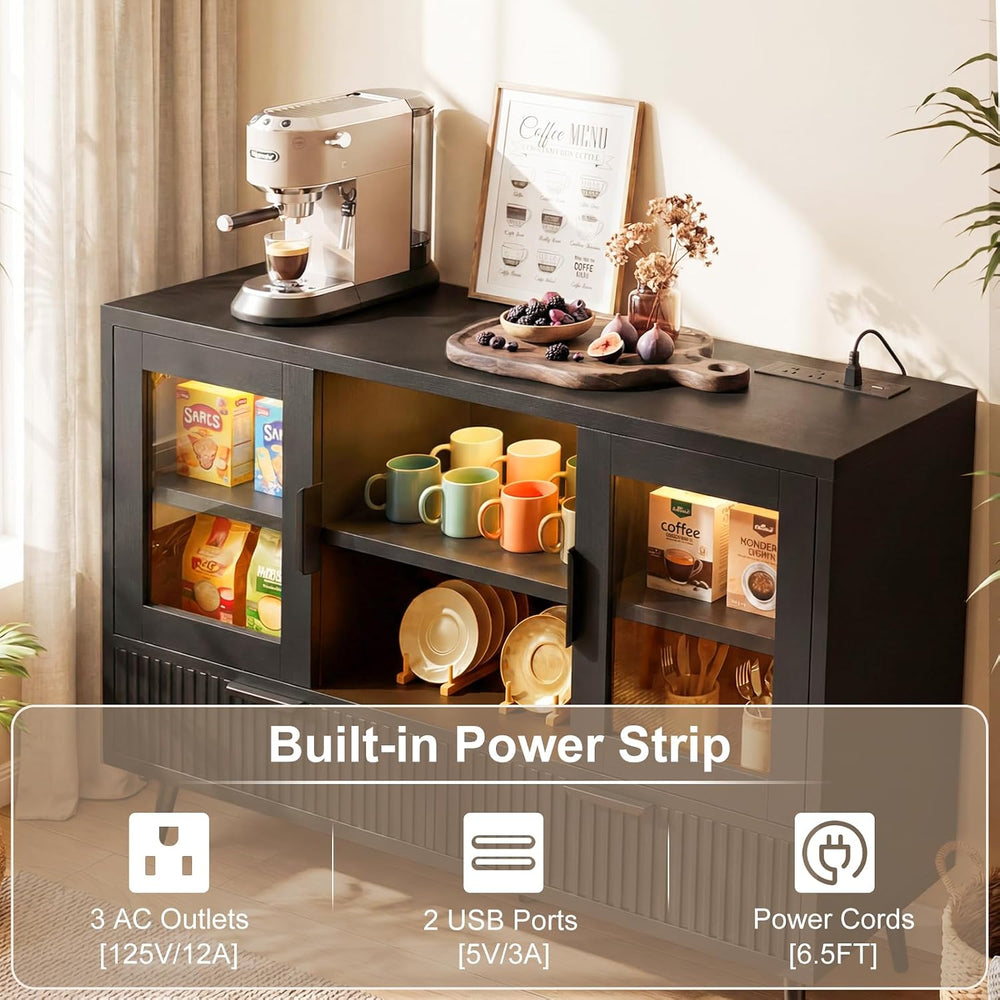 44" Sideboard Buffet Cabinet with Storage, Smart LED Lights Coffee Bar C...