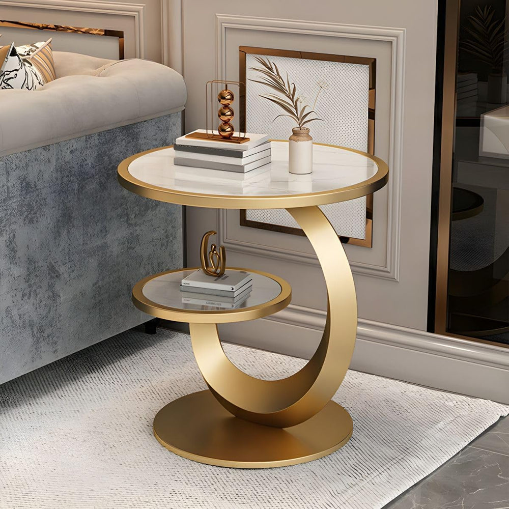 Round Stone Top Side Table with Storage Shelf - Modern End Table for Living R...