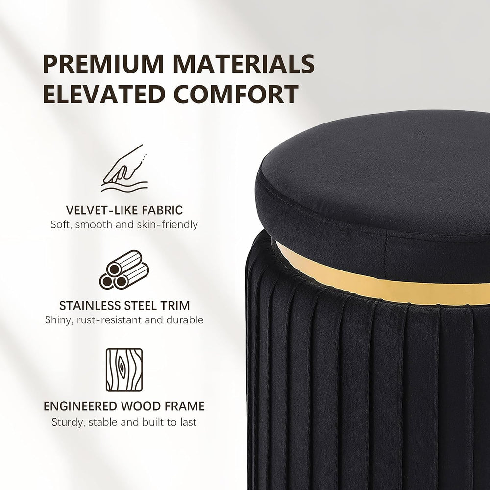 Round Vanity Stool Ottoman, Black | Velvet Upholstered, Small Foot Stool with...