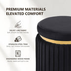 Round Vanity Stool Ottoman, Black | Velvet Upholstered, Small Foot Stool with Gold Trim, Stainless Steel Base, For Bedroom, Living Room, Entryway