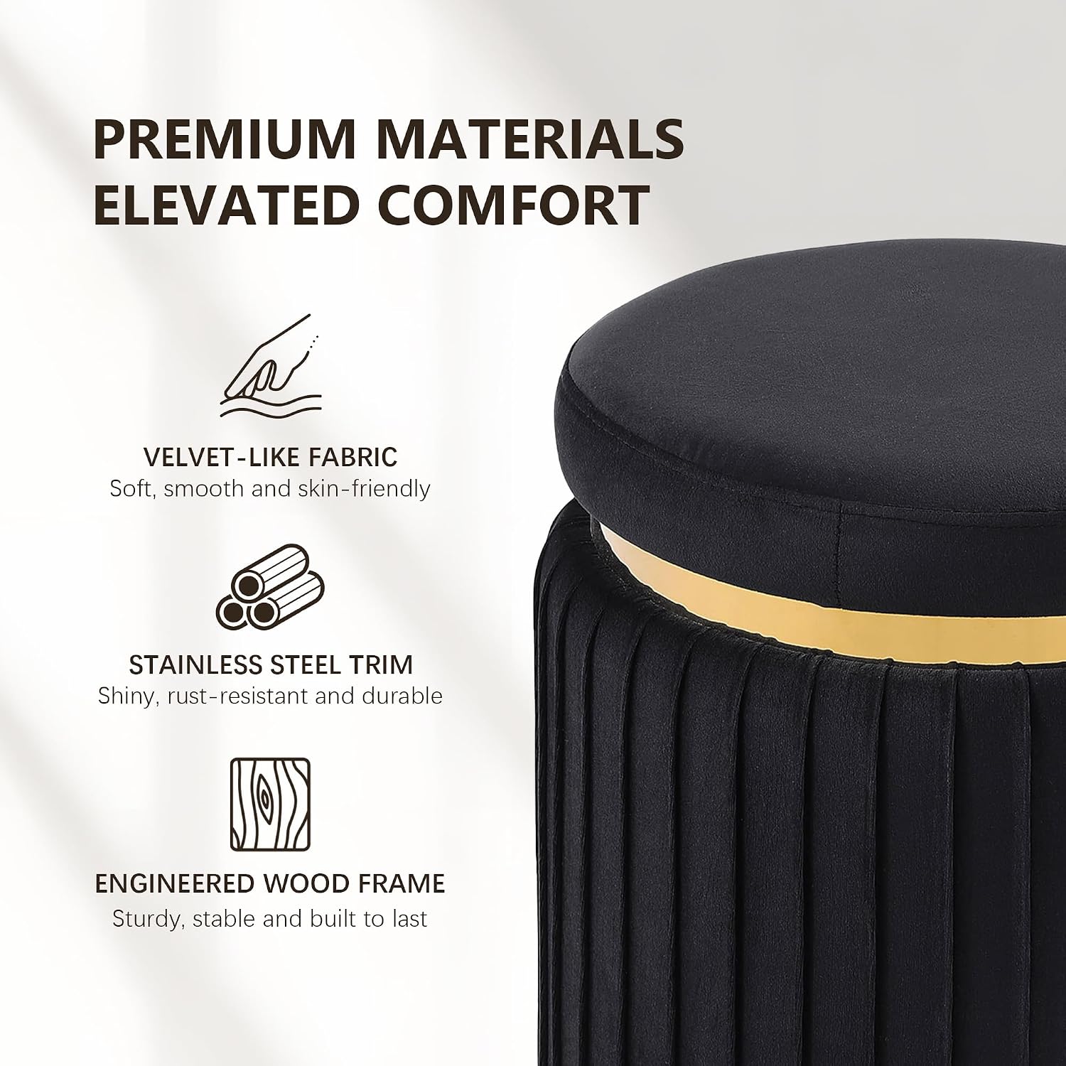 Round Vanity Stool Ottoman, Black | Velvet Upholstered, Small Foot Stool with Gold Trim, Stainless Steel Base, For Bedroom, Living Room, Entryway