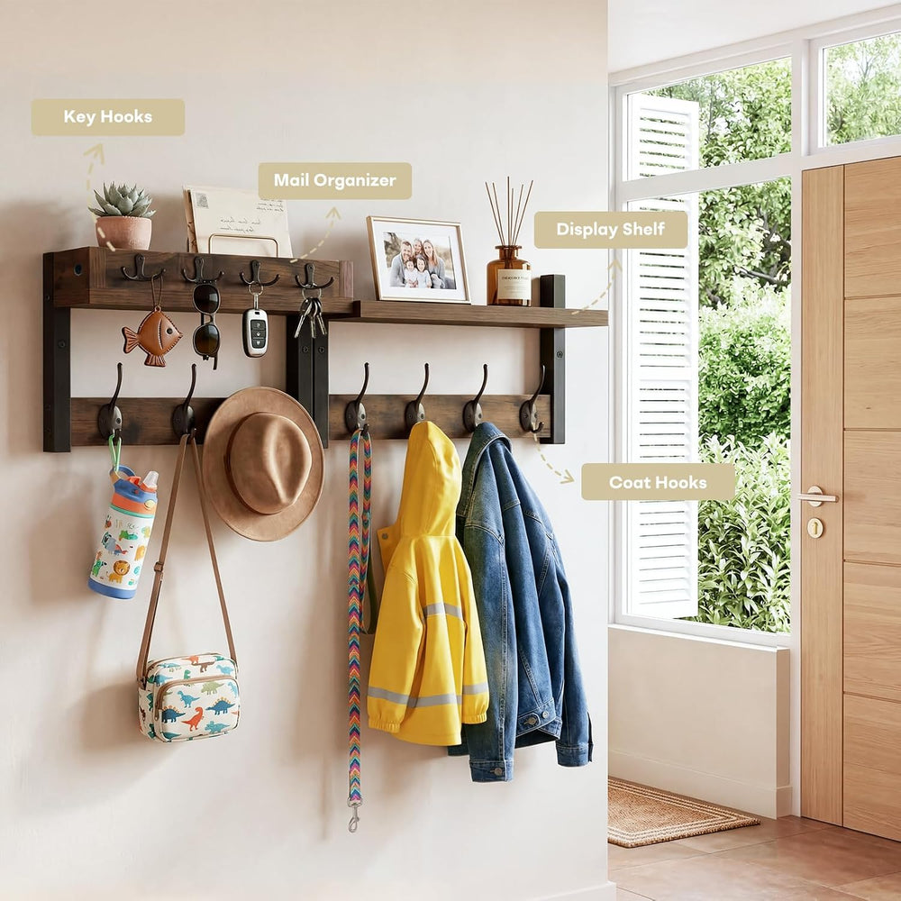 29" Coat Rack Wall Mount with Shelf, Mail & Key Organizer, Brown