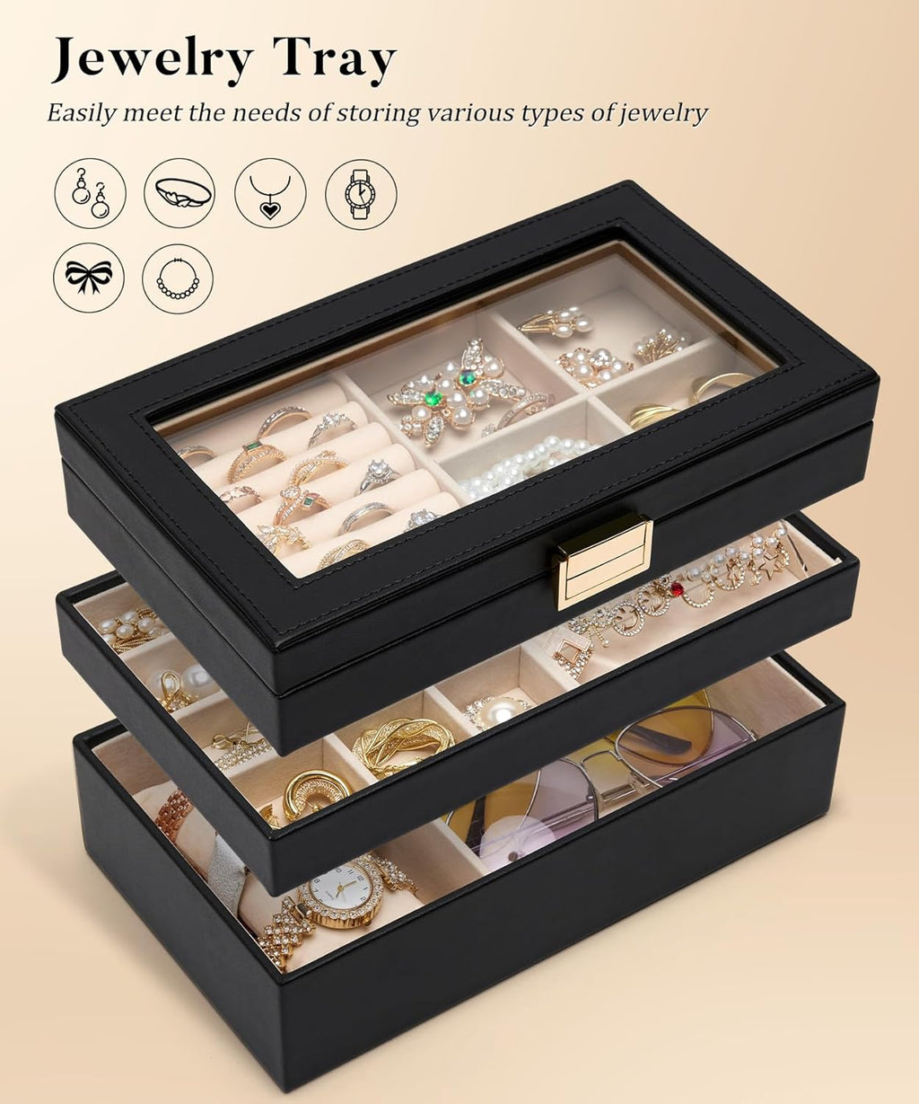 Homde Jewelry Tray Stackable Jewelry Box with Glass Lid, Removable Dividers for Vanity Table - Christmas Gift Idea for Girls and Women (Black)