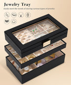 Homde Jewelry Tray Stackable Jewelry Box with Glass Lid, Removable Dividers for Vanity Table - Christmas Gift Idea for Girls and Women (Black)