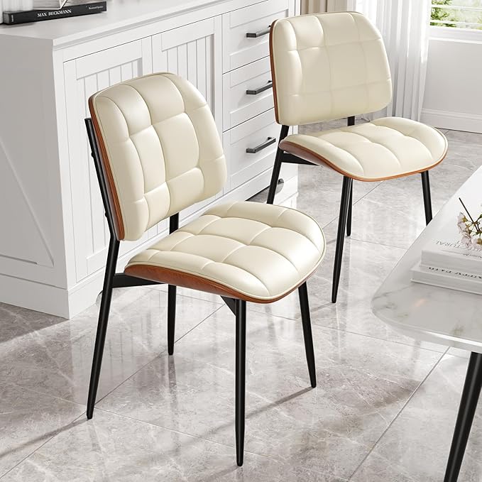 Dining Chairs Set of 4, Mid Century Modern Dining Room Chair with Thick Cushion, Upholstered Faux Leather Kitchen Chairs with Walnut Bentwood Back for Kitchen Dining Room, Beige