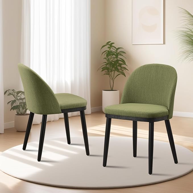 Wooden Dining Chairs Set of 2,Upholstered Kitchen Dining Room Chairs with Curved Backrest and Wood Leg,Modern Fabric Farmhouse Dinner Chair for Restaurant/Cafe,Green