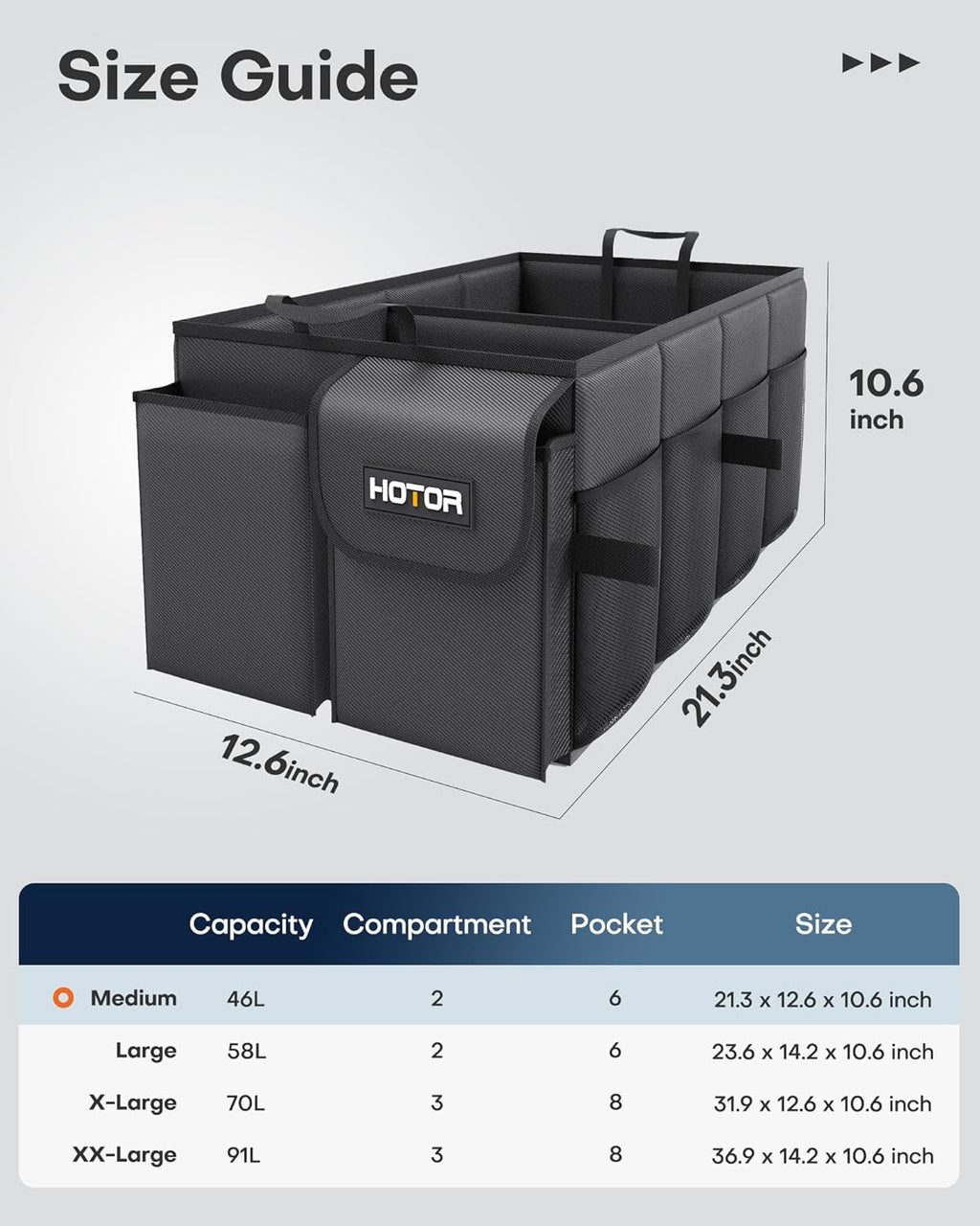 HOTOR Trunk Organizer - Car Organizer, Foldable Trunk organizer for SUVs & Sedans, Sturdy Car Organization for Car Accessories, Tools, Sundries, Black, 2 Compartments, 21.3"×12.6"×10.6"