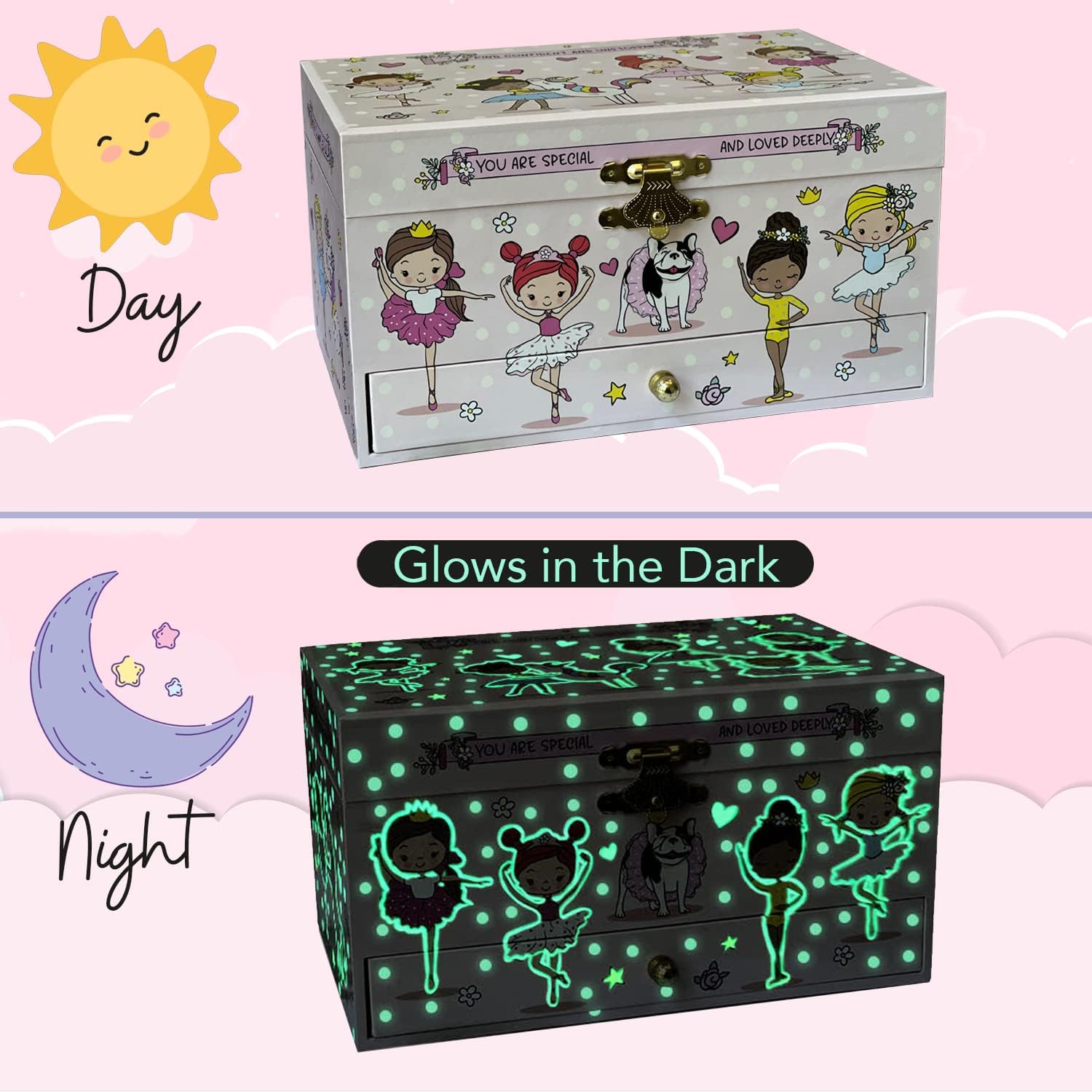 Ballerina Musical Jewelry Box for Girls - Glow In The Dark - Organizer with Heart Necklace and Bracelet Set - Cute Ballerina Music Box for Little Girls