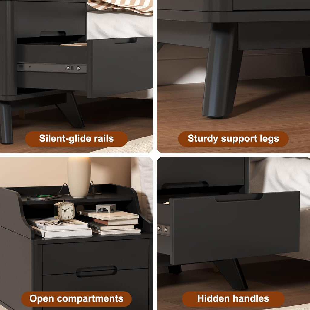 Nightstand with Charging Station, 21" Tall Nightstand w/2 Storage Drawers, Wood Night Stand with Hidden Handle, 17'' Wide Modern Bedside Table for Bedroom,Black