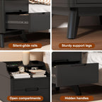 Nightstand with Charging Station, 21" Tall Nightstand w/2 Storage Drawers, Wood Night Stand with Hidden Handle, 17'' Wide Modern Bedside Table for Bedroom,Black