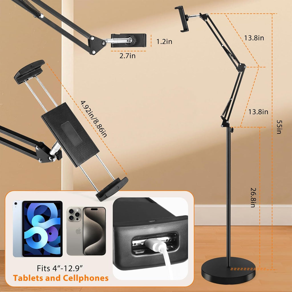 Tablet Floor Stand with 12lb Base - Adjustable Height Heat-Resistant Anti-Scratch Stretchable Swivel Holder, Compatible with iPhone iPad Pro Air Mini, Samsung, Kindle, Cell Phones 4.7"-13" - Large