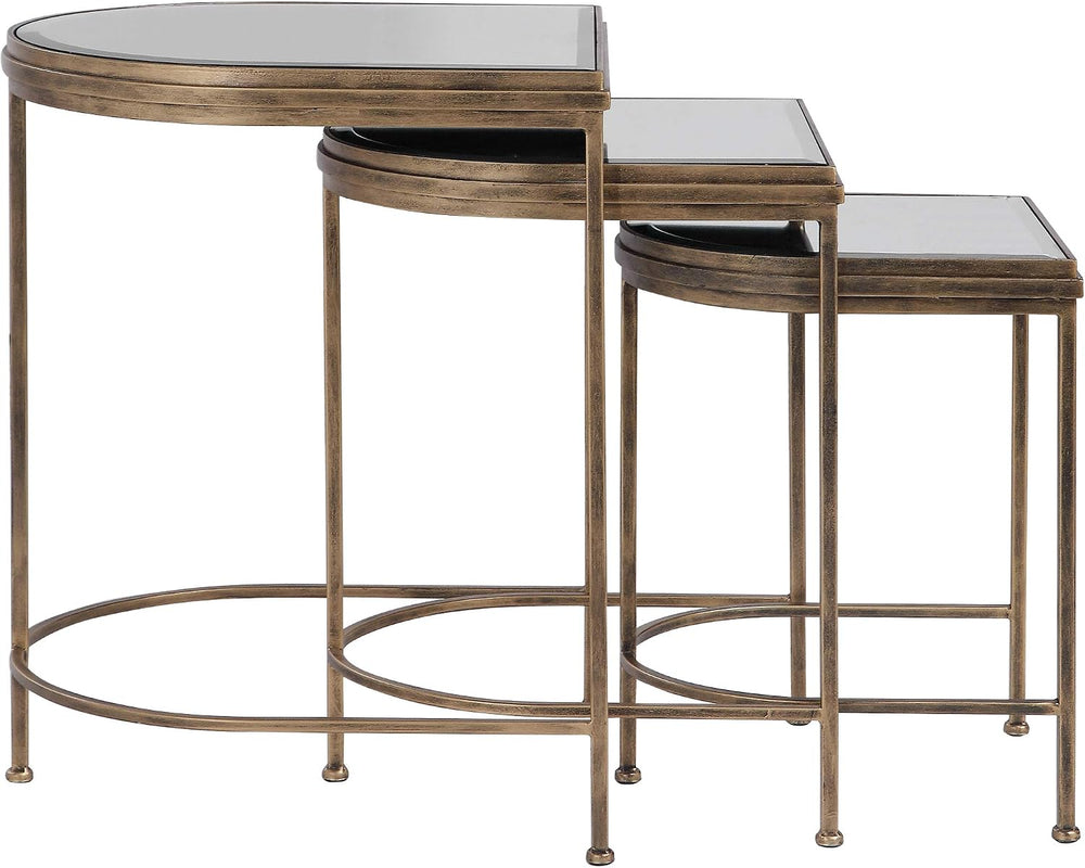 Elegant Demilune Half Oval Nesting Table Set 3 Modern Bronze Metal Mirror Top