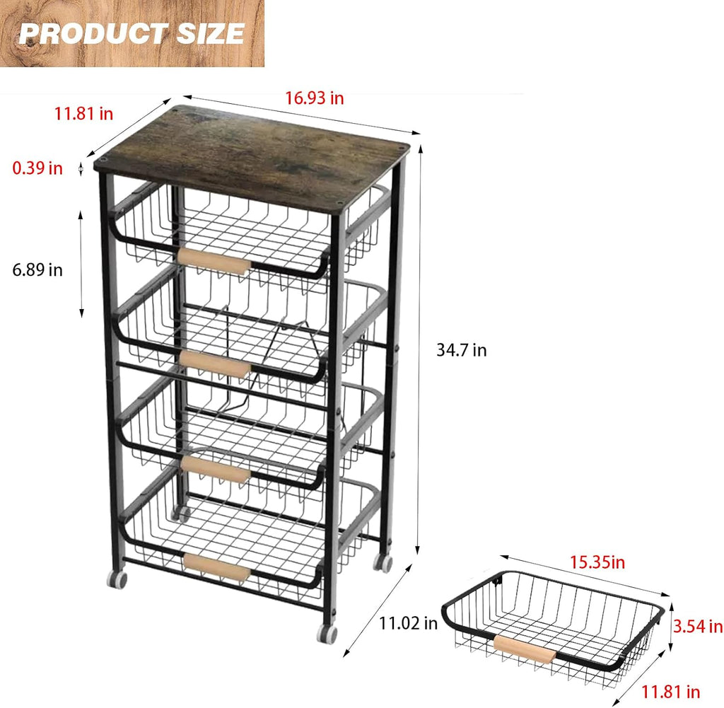 5-Tier Utility Kitchen Cart Storage with Pull-Out Baskets and Wood Top,Heavy Duty Multi Rolling Pantry Kitchen Cart on Wheels for Fruit Potato Onion Vegetable Snack Produce,Black
