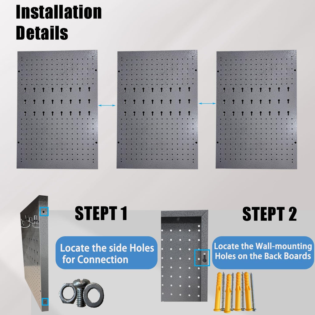 JZD 115 PCS Metal Pegboard Wall Organizer 3 Packs Metal Pegboard Kit 66x24 Inch Pegboard Panels Tool Organizer Kit with Accessories Hooks for Garage, Tool Storage,Craft Room