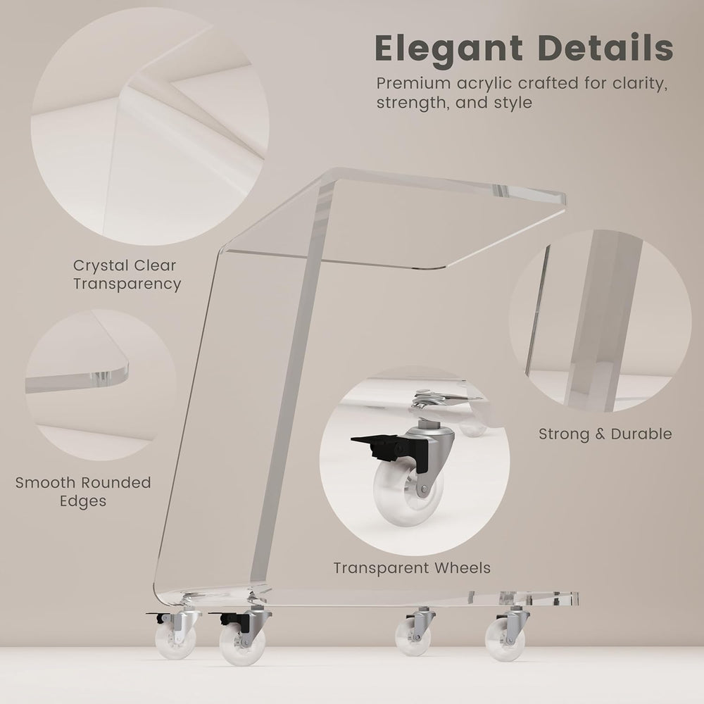 C Shaped Side Table for Sofa, Heavy Clear Acrylic Mobile End Table on Wheels,...